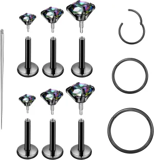 16G 18G Surgical Steel Internal Thread Stud Piercing Jewelry Set Nose Medusa Lip Labret Stud Hypoallergenic Clicker Hoop Septum Rings Cartilage Tragus Helix Conch Earrings for Women Men
