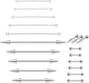 16G Mix Sizes Industrial Barbell Cartilage Earring Set Body Piercing Jewelry Retainer for Women Men Tongue Helix Barbell Surgical Steel Hoop Earrings with Chain, Straight Bar Length 24mm-60mm