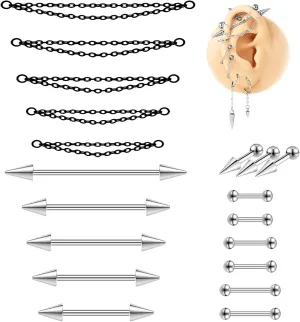 16G Mix Sizes Industrial Barbell Cartilage Earring Set Body Piercing Jewelry Retainer for Women Men Tongue Helix Barbell Surgical Steel Hoop Earrings with Chain, Straight Bar Length 24mm-60mm