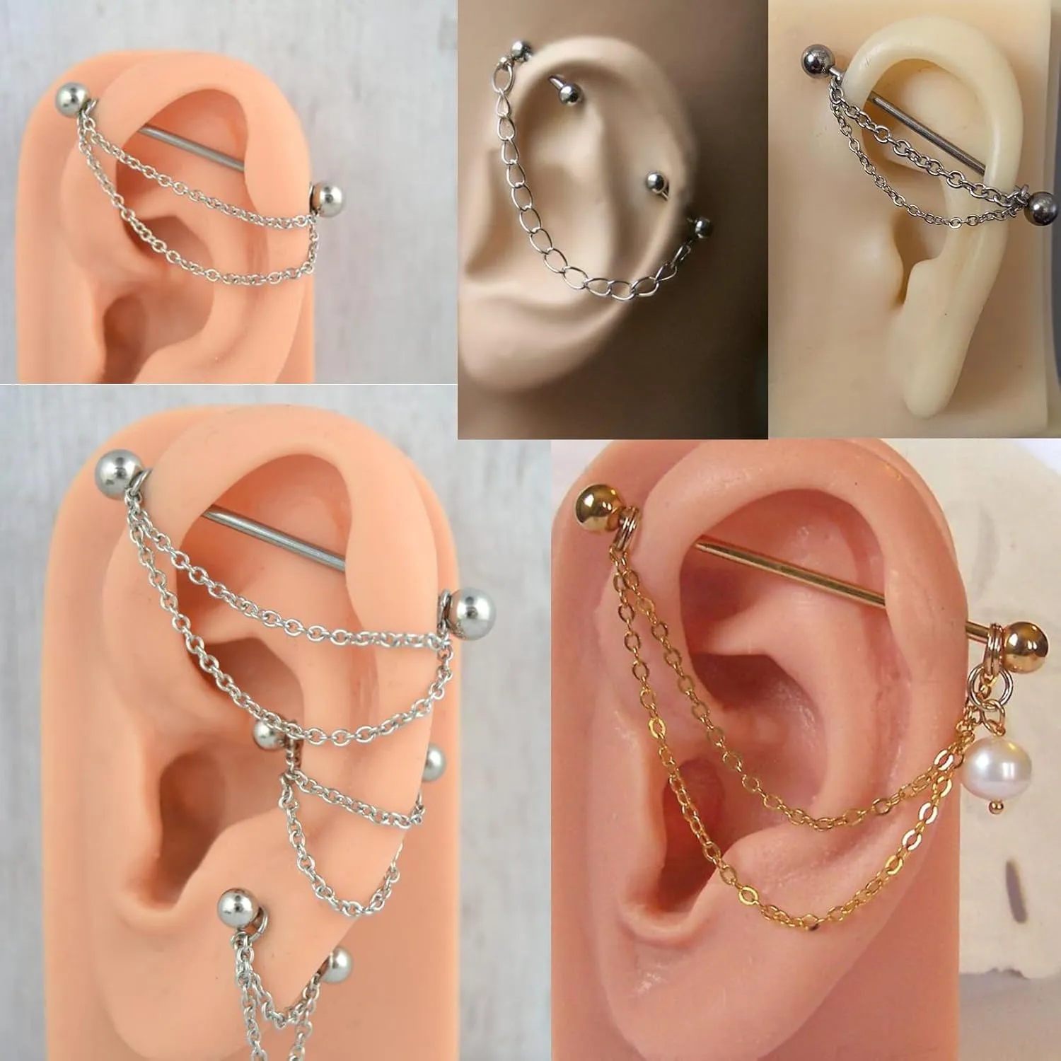 16G Mix Sizes Industrial Barbell Cartilage Earring Set Body Piercing Jewelry Retainer for Women Men Tongue Helix Barbell Surgical Steel Hoop Earrings with Chain, Straight Bar Length 24mm-60mm