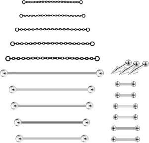 16G Mix Sizes Industrial Barbell Cartilage Earring Set Body Piercing Jewelry Retainer for Women Men Tongue Helix Barbell Surgical Steel Hoop Earrings with Chain, Straight Bar Length 24mm-60mm