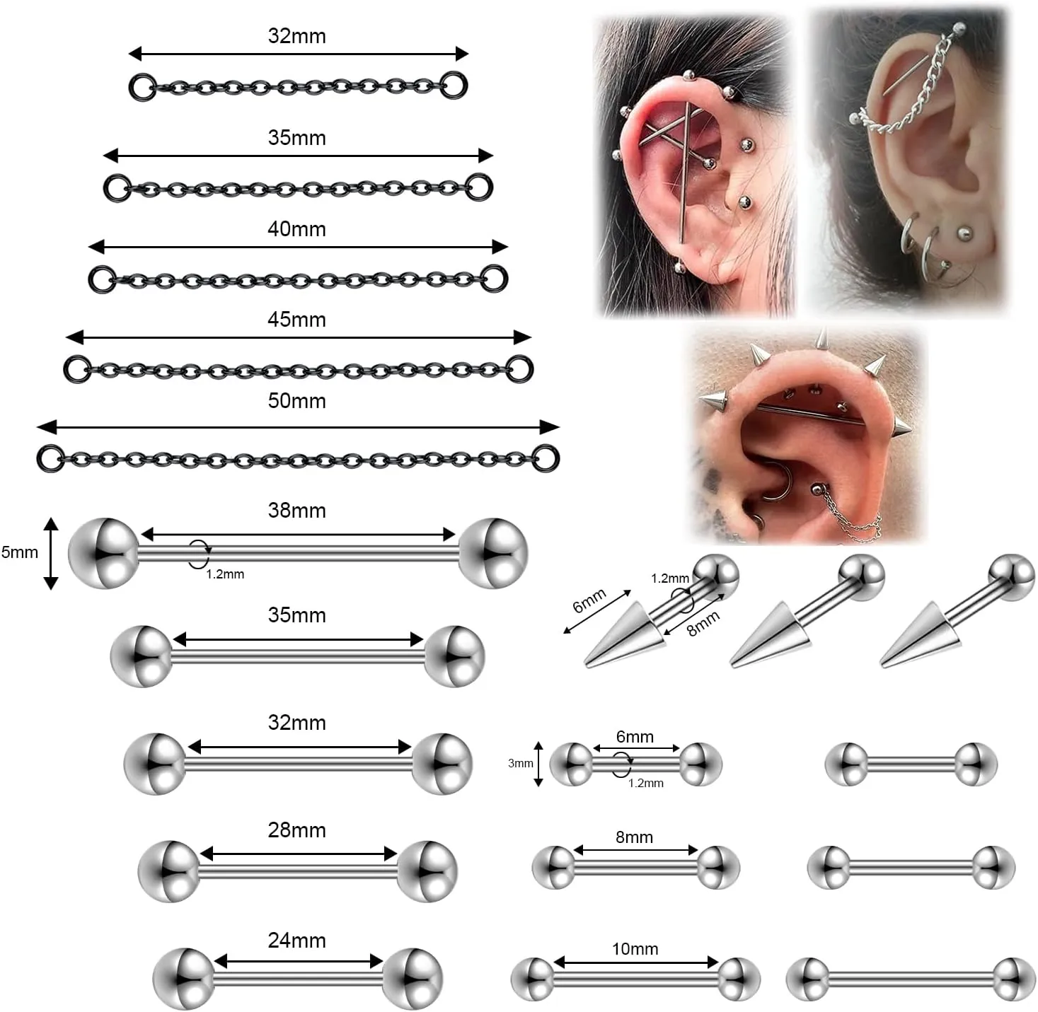 16G Mix Sizes Industrial Barbell Cartilage Earring Set Body Piercing Jewelry Retainer for Women Men Tongue Helix Barbell Surgical Steel Hoop Earrings with Chain, Straight Bar Length 24mm-60mm