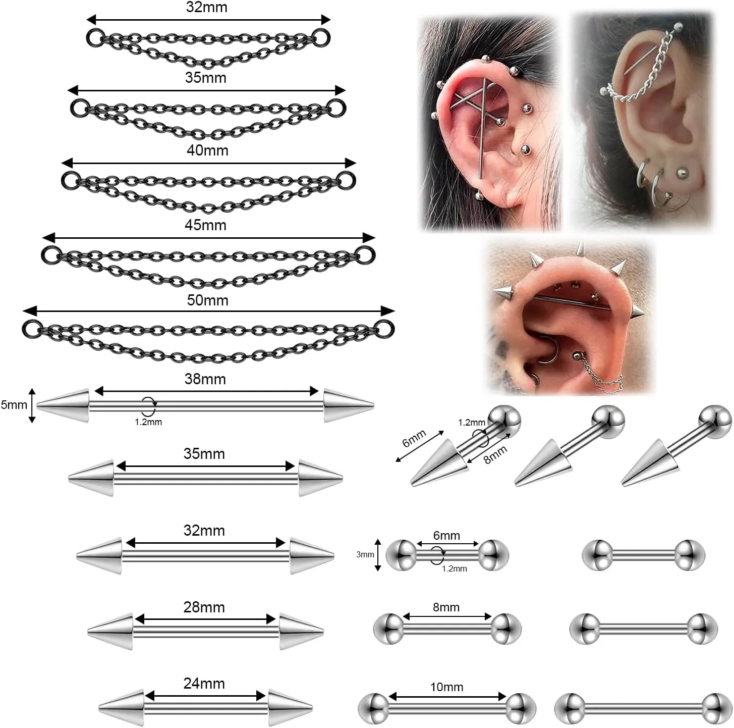 16G Mix Sizes Industrial Barbell Cartilage Earring Set Body Piercing Jewelry Retainer for Women Men Tongue Helix Barbell Surgical Steel Hoop Earrings with Chain, Straight Bar Length 24mm-60mm