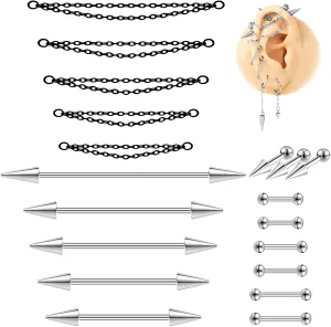 16G Mix Sizes Industrial Barbell Cartilage Earring Set Body Piercing Jewelry Retainer for Women Men Tongue Helix Barbell Surgical Steel Hoop Earrings with Chain, Straight Bar Length 24mm-60mm