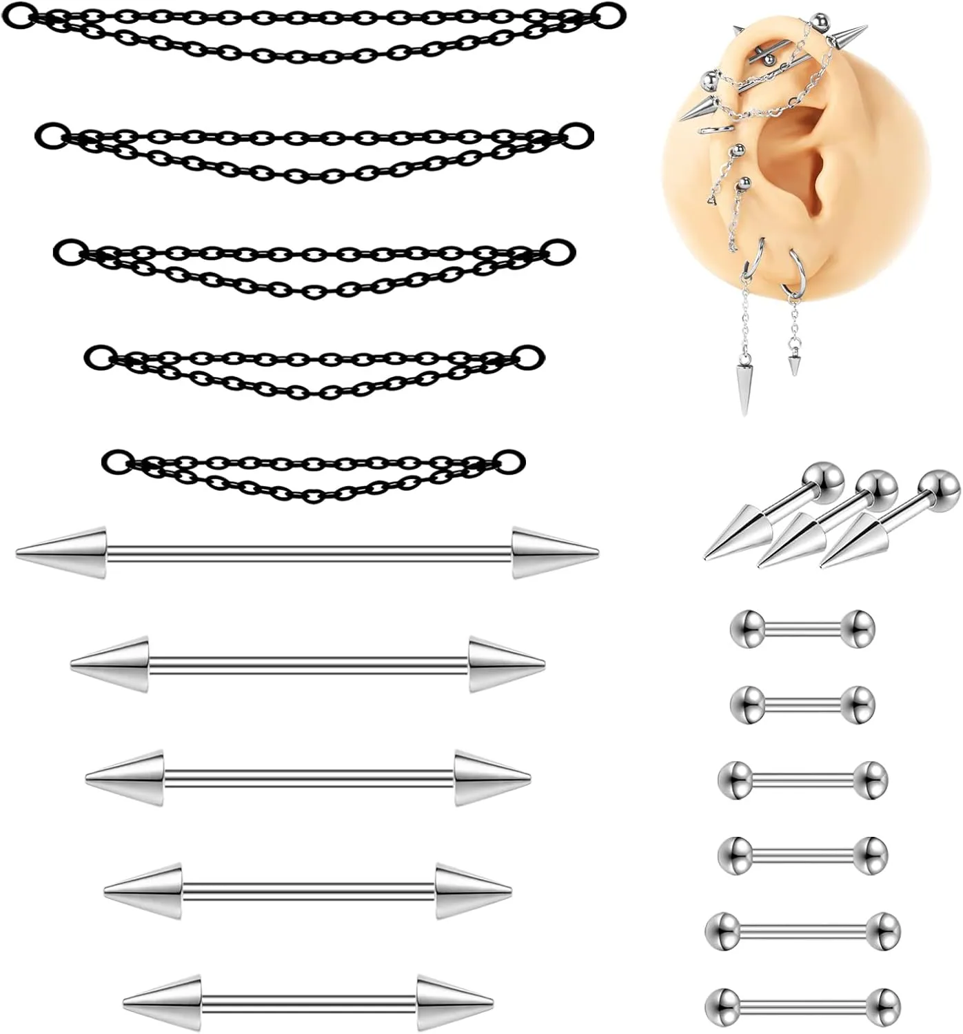 16G Mix Sizes Industrial Barbell Cartilage Earring Set Body Piercing Jewelry Retainer for Women Men Tongue Helix Barbell Surgical Steel Hoop Earrings with Chain, Straight Bar Length 24mm-60mm