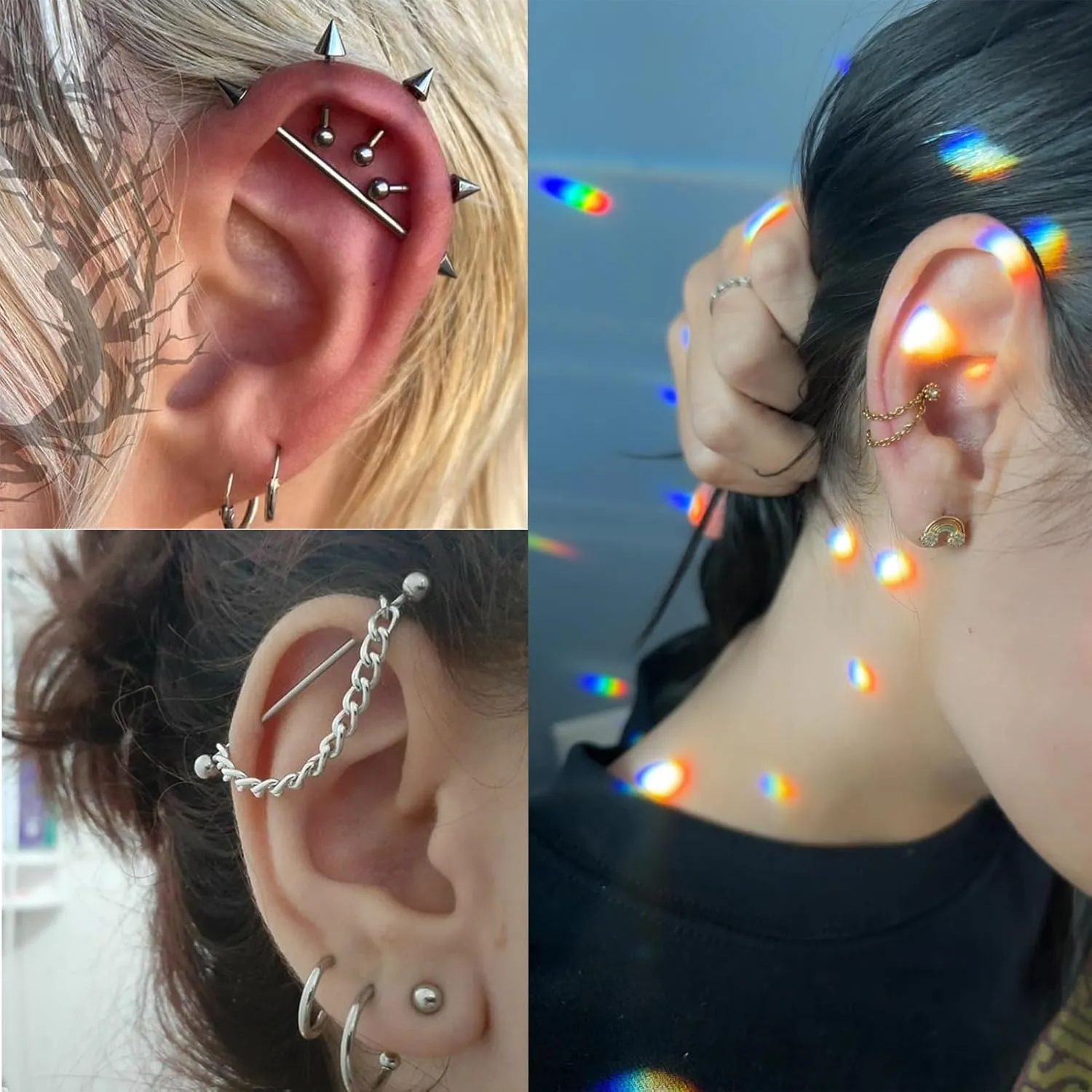 16G Mix Sizes Industrial Barbell Cartilage Earring Set Body Piercing Jewelry Retainer for Women Men Tongue Helix Barbell Surgical Steel Hoop Earrings with Chain, Straight Bar Length 24mm-60mm