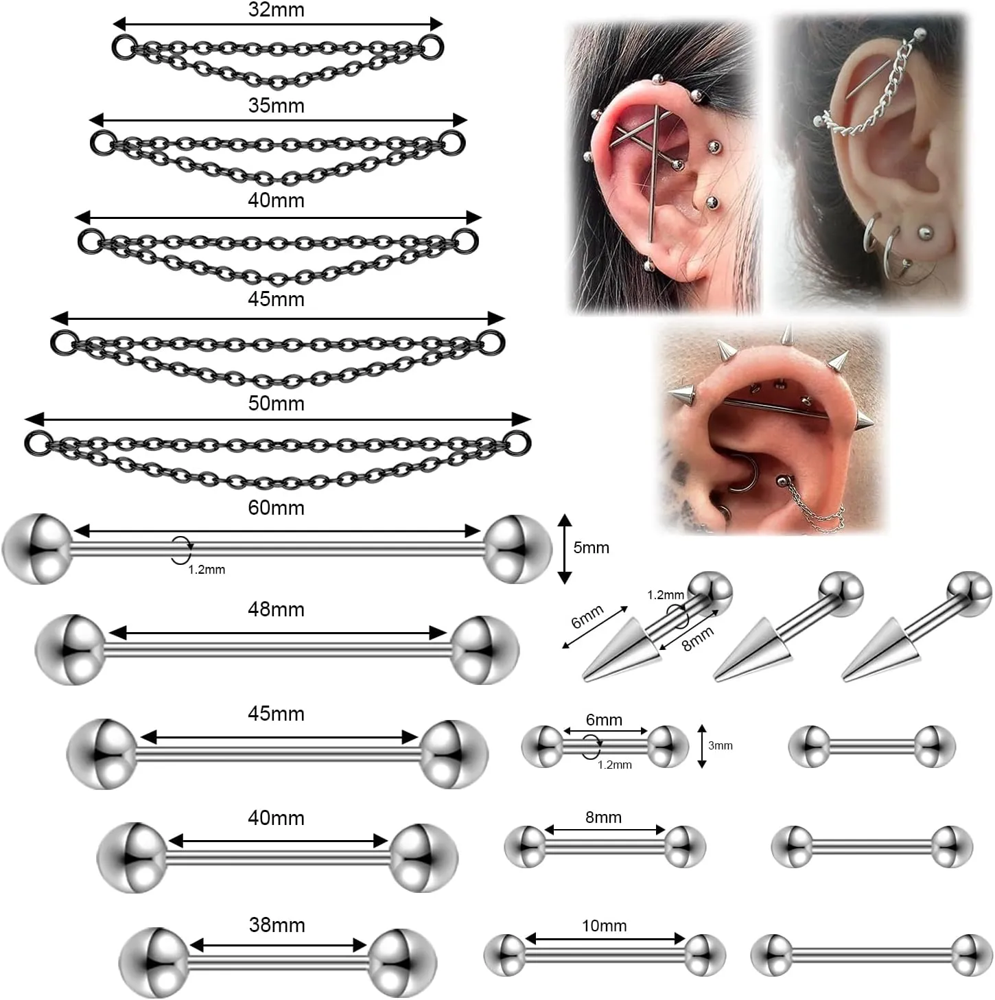 16G Mix Sizes Industrial Barbell Cartilage Earring Set Body Piercing Jewelry Retainer for Women Men Tongue Helix Barbell Surgical Steel Hoop Earrings with Chain, Straight Bar Length 24mm-60mm