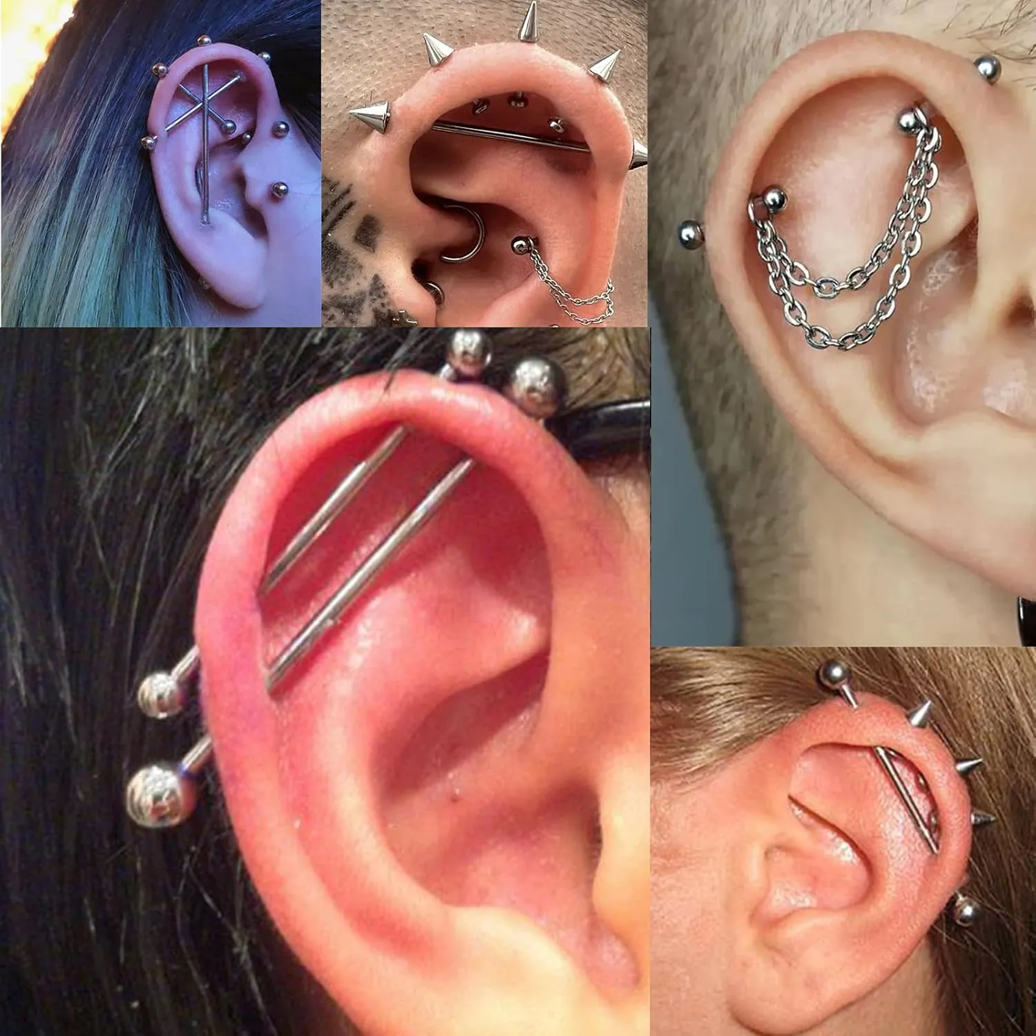 16G Mix Sizes Industrial Barbell Cartilage Earring Set Body Piercing Jewelry Retainer for Women Men Tongue Helix Barbell Surgical Steel Hoop Earrings with Chain, Straight Bar Length 24mm-60mm