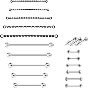 16G Mix Sizes Industrial Barbell Cartilage Earring Set Body Piercing Jewelry Retainer for Women Men Tongue Helix Barbell Surgical Steel Hoop Earrings with Chain, Straight Bar Length 24mm-60mm