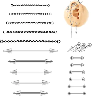 16G Mix Sizes Industrial Barbell Cartilage Earring Set Body Piercing Jewelry Retainer for Women Men Tongue Helix Barbell Surgical Steel Hoop Earrings with Chain, Straight Bar Length 24mm-60mm