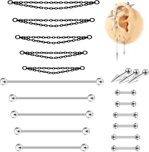 16G Mix Sizes Industrial Barbell Cartilage Earring Set Body Piercing Jewelry Retainer for Women Men Tongue Helix Barbell Surgical Steel Hoop Earrings with Chain, Straight Bar Length 24mm-60mm