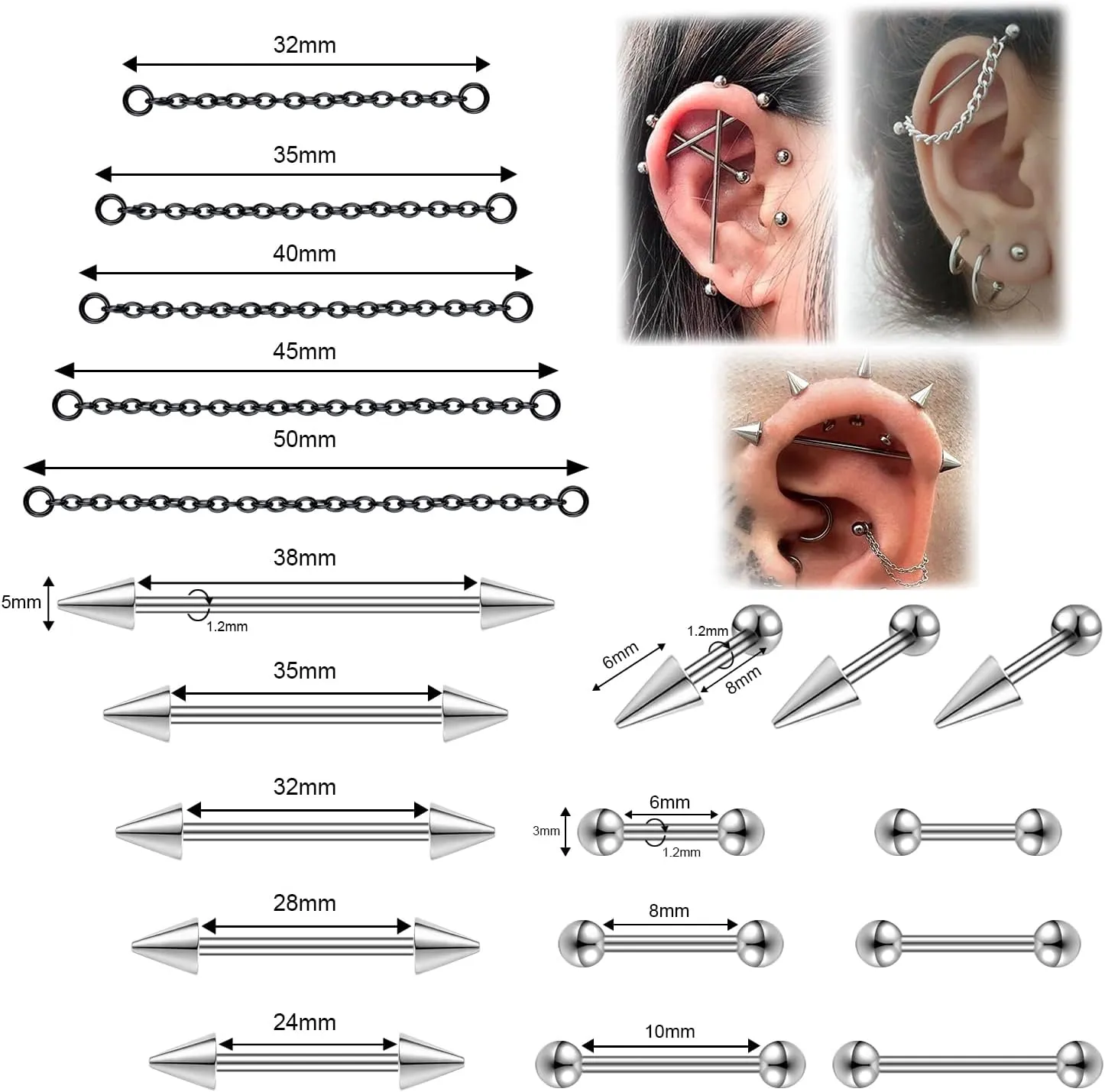 16G Mix Sizes Industrial Barbell Cartilage Earring Set Body Piercing Jewelry Retainer for Women Men Tongue Helix Barbell Surgical Steel Hoop Earrings with Chain, Straight Bar Length 24mm-60mm