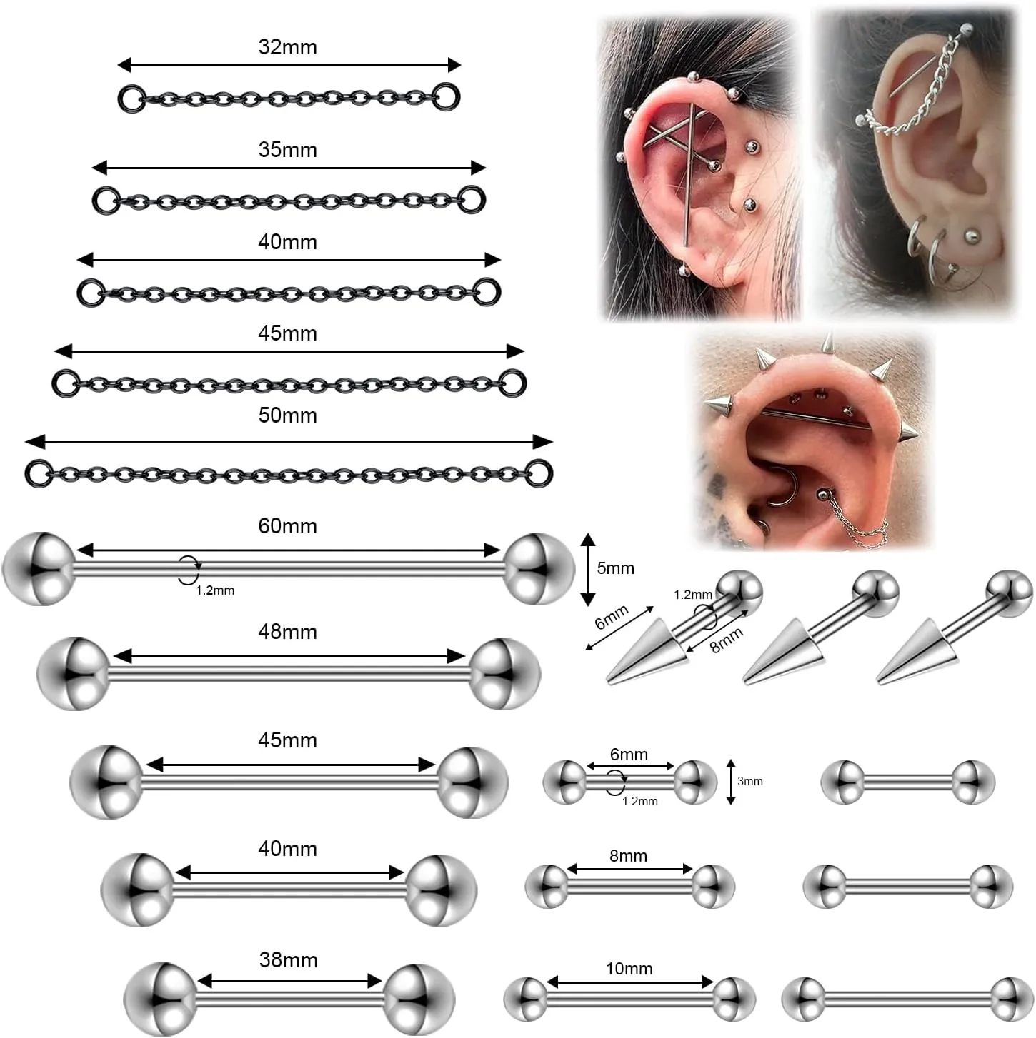 16G Mix Sizes Industrial Barbell Cartilage Earring Set Body Piercing Jewelry Retainer for Women Men Tongue Helix Barbell Surgical Steel Hoop Earrings with Chain, Straight Bar Length 24mm-60mm