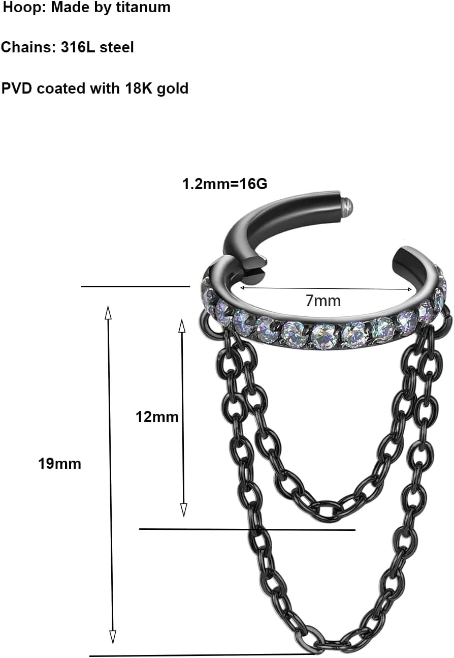 16G Titanium Cartilage Earrings Hoop 7mm 9mm Helix Piercing Jewelry with Single/Double/Triple Chains Hypoallergenic Hinged Clicker