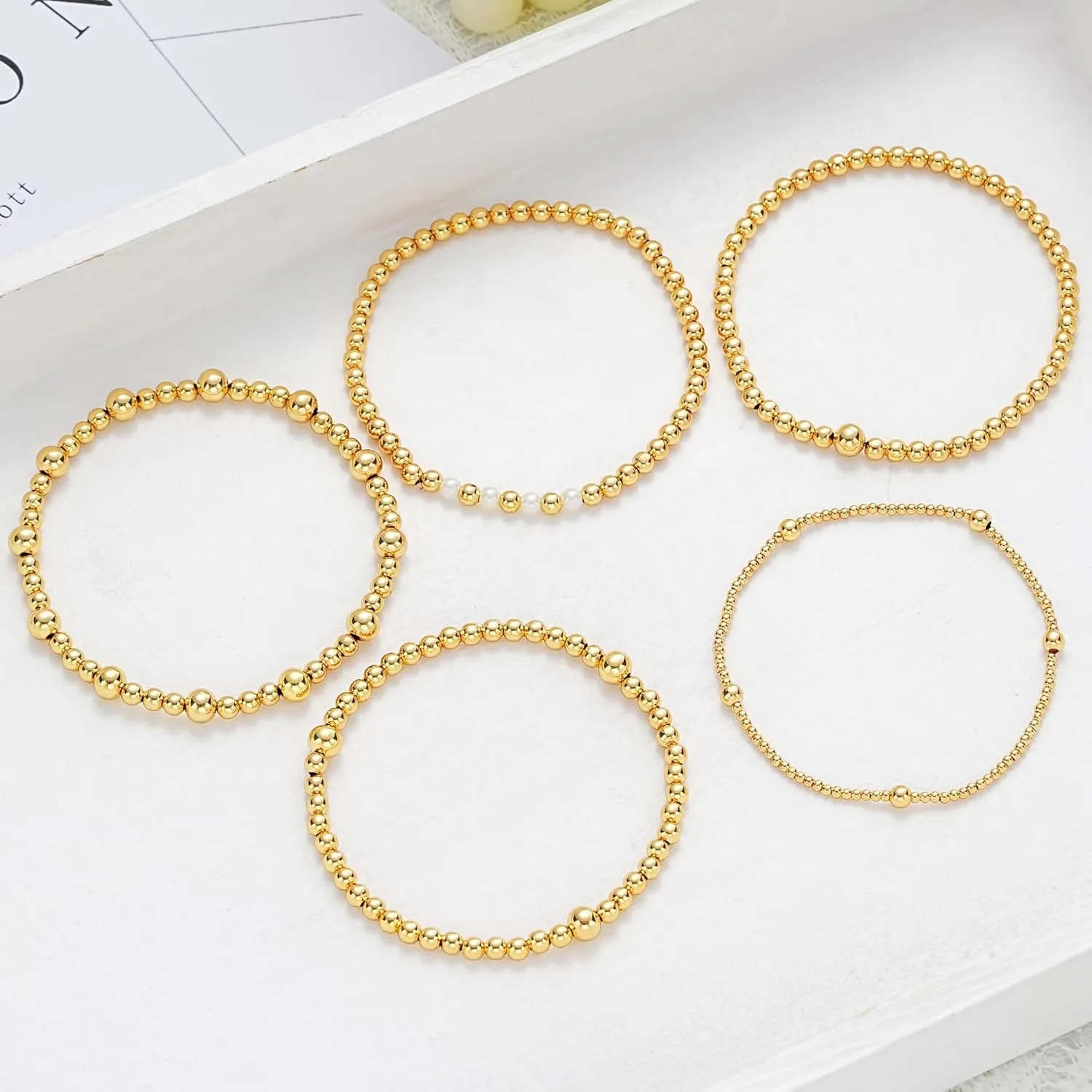 17 MILE 7 Pcs Gold Bead Bracelet for Women, 14K Gold Plated Beaded Bracelet Stack, Stretch Ball Elastic Bracelet Set 7 Inches