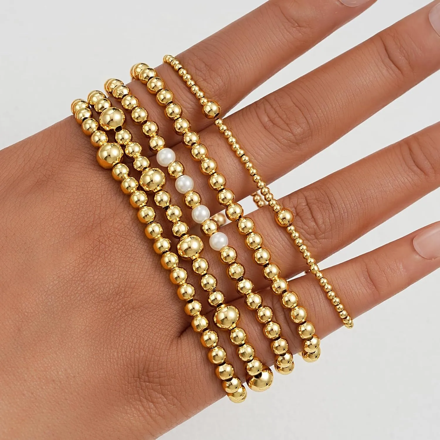 17 MILE 7 Pcs Gold Bead Bracelet for Women, 14K Gold Plated Beaded Bracelet Stack, Stretch Ball Elastic Bracelet Set 7 Inches