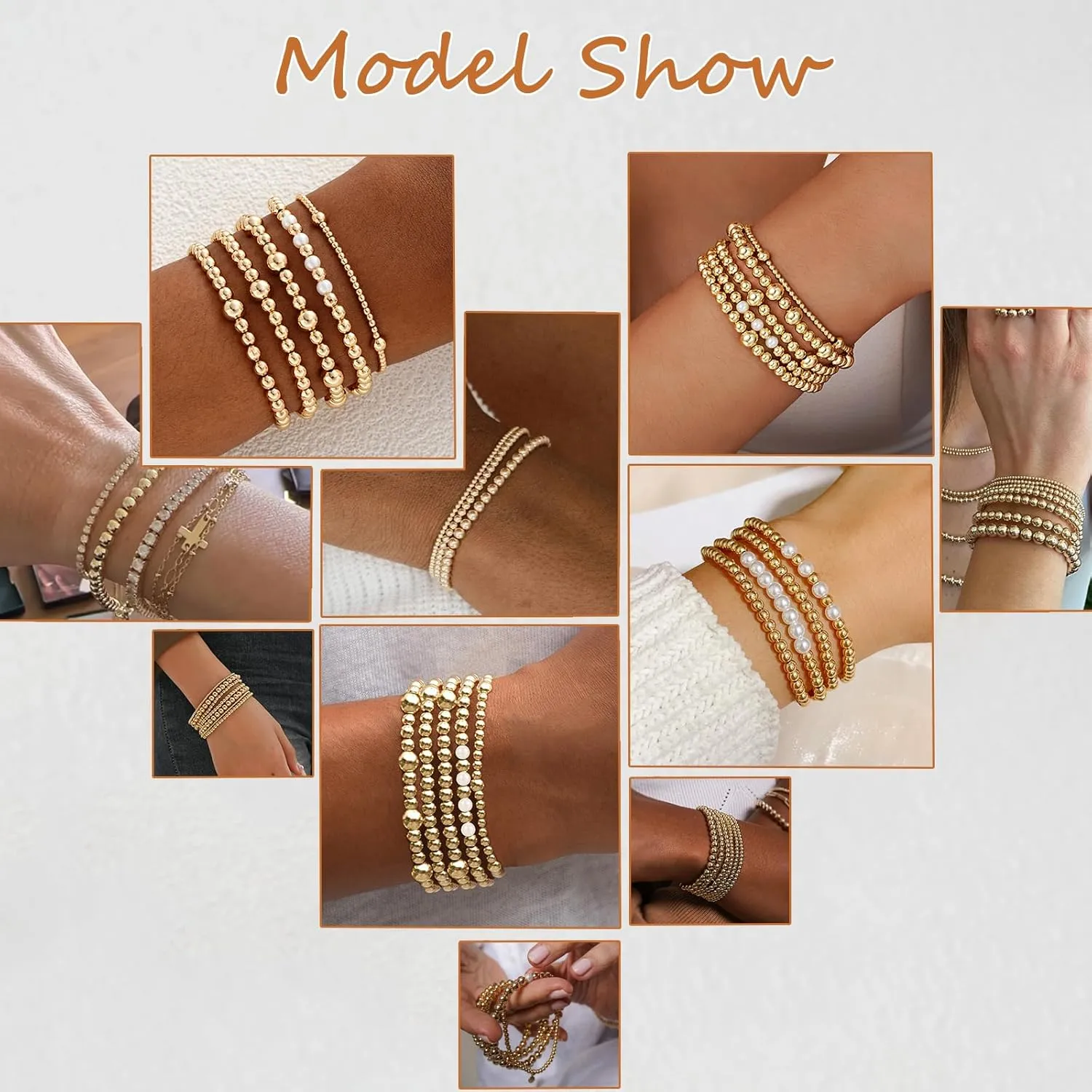 17 MILE 7 Pcs Gold Bead Bracelet for Women, 14K Gold Plated Beaded Bracelet Stack, Stretch Ball Elastic Bracelet Set 7 Inches