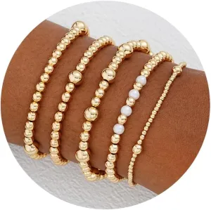 17 MILE 7 Pcs Gold Bead Bracelet for Women, 14K Gold Plated Beaded Bracelet Stack, Stretch Ball Elastic Bracelet Set 7 Inches