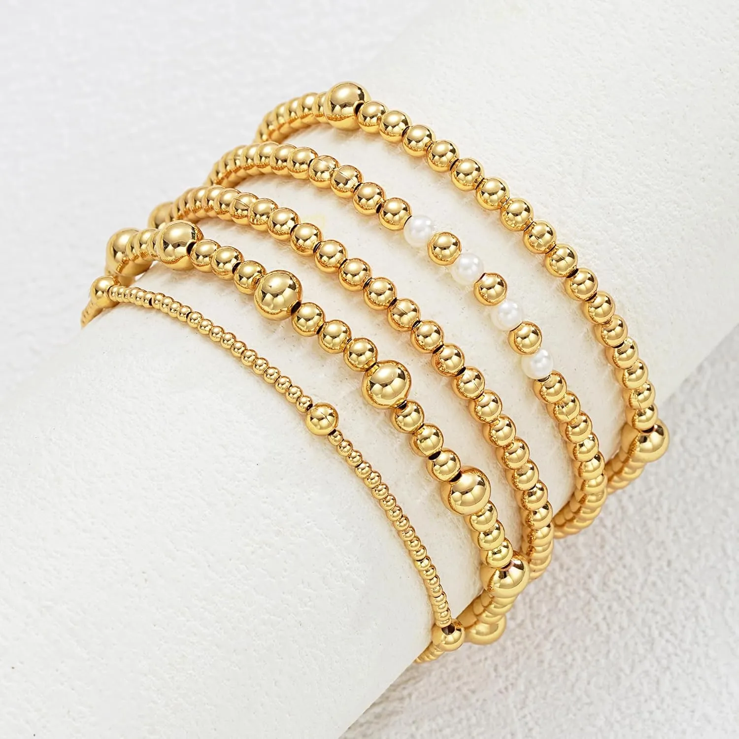17 MILE 7 Pcs Gold Bead Bracelet for Women, 14K Gold Plated Beaded Bracelet Stack, Stretch Ball Elastic Bracelet Set 7 Inches