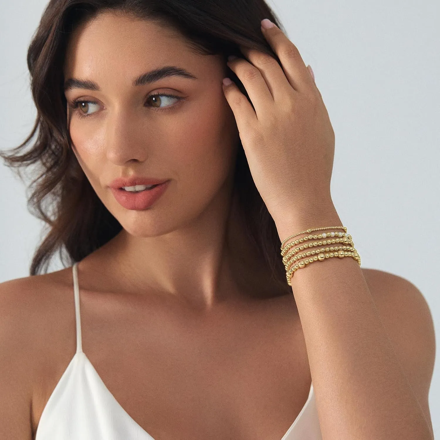 17 MILE 7 Pcs Gold Bead Bracelet for Women, 14K Gold Plated Beaded Bracelet Stack, Stretch Ball Elastic Bracelet Set 7 Inches