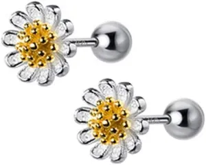 18G Cute Daisy Flower Cartilage Stud Earrings Sterling Silver for Women Girls Dainty Helix Tragus Earring Labret Studs Barbell Screw Back Ear Piercing Jewelry Gifts Hypoallergenic BFF