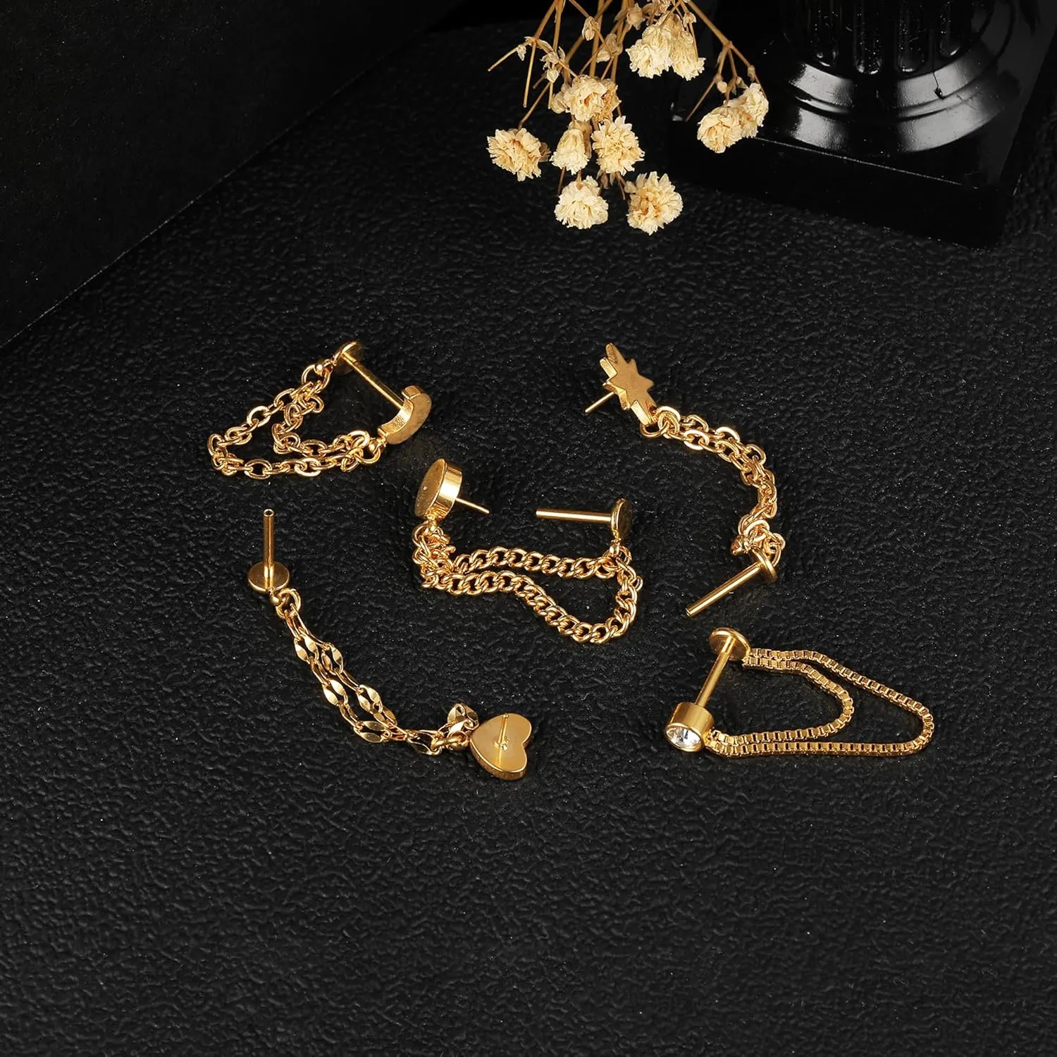 18G Flat Back Stud Earrings Push In Cartilage Studs Chain Earring for Women Surgical Steel Hypoallergenic Threadless Tragus Earrings Piercing Jewelry