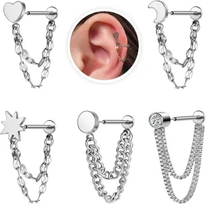 18G Flat Back Stud Earrings Push In Cartilage Studs Chain Earring for Women Surgical Steel Hypoallergenic Threadless Tragus Earrings Piercing Jewelry