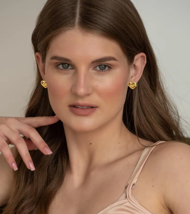 18K Gold Plated & Silver Chunky Heart & Bow Earrings for Women, Chunky Heart Dangle Hoops/Tiny Studs, Kawaii Dainty Hypoallergenic Jewelry for Multiple Piercings, Gift for Her