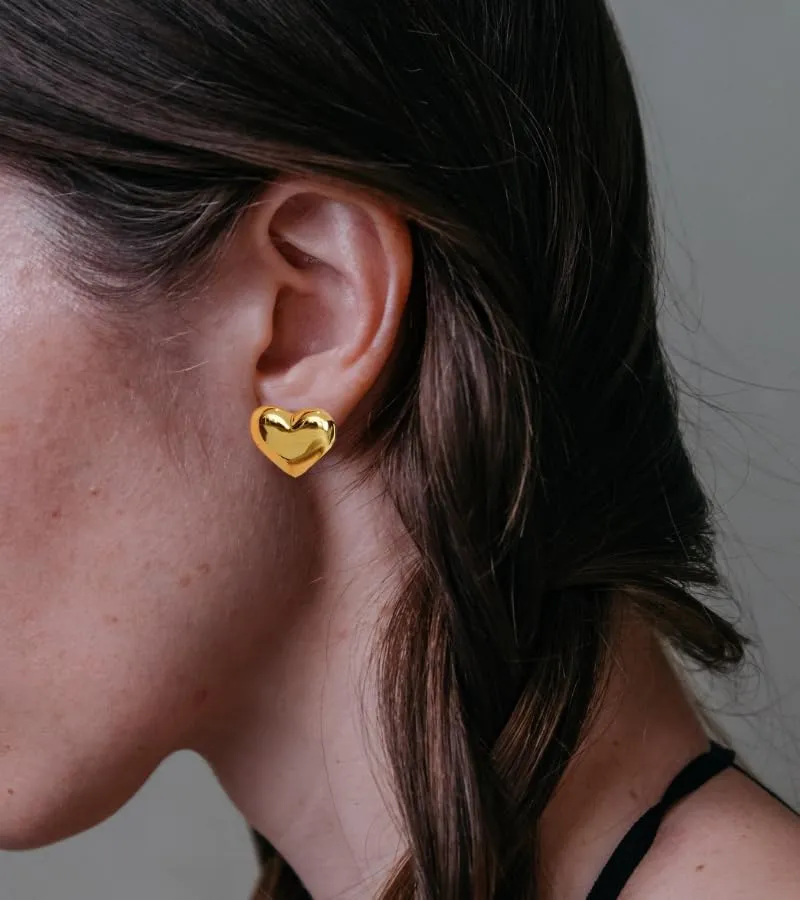 18K Gold Plated & Silver Chunky Heart & Bow Earrings for Women, Chunky Heart Dangle Hoops/Tiny Studs, Kawaii Dainty Hypoallergenic Jewelry for Multiple Piercings, Gift for Her