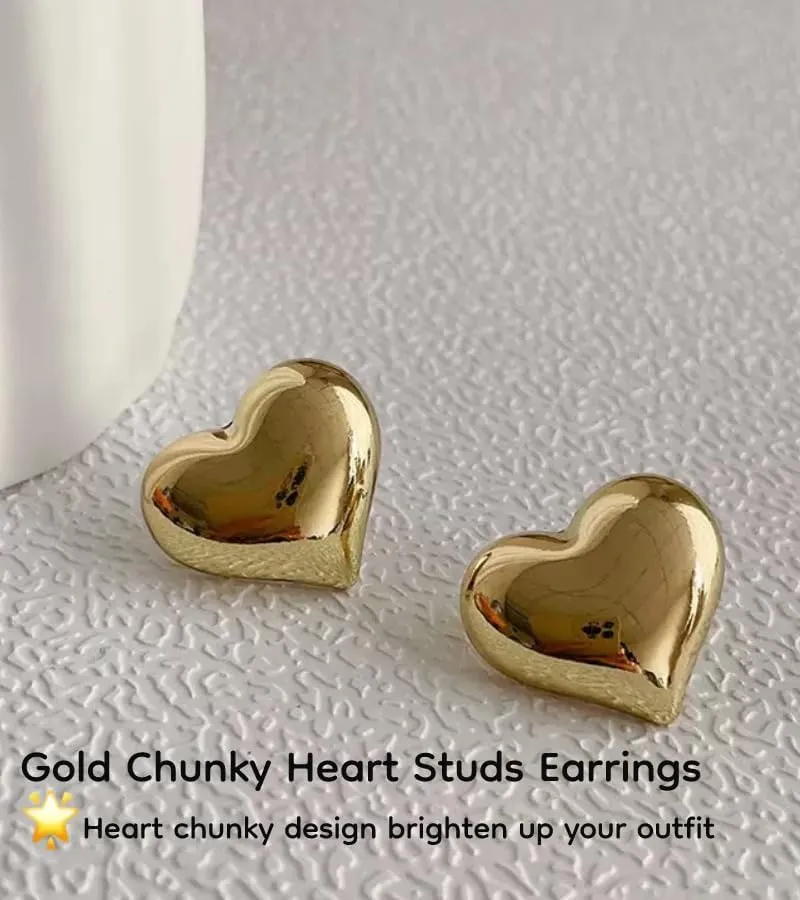 18K Gold Plated & Silver Chunky Heart & Bow Earrings for Women, Chunky Heart Dangle Hoops/Tiny Studs, Kawaii Dainty Hypoallergenic Jewelry for Multiple Piercings, Gift for Her
