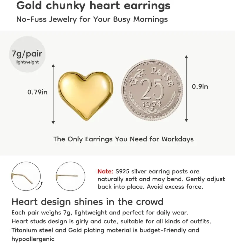 18K Gold Plated & Silver Chunky Heart & Bow Earrings for Women, Chunky Heart Dangle Hoops/Tiny Studs, Kawaii Dainty Hypoallergenic Jewelry for Multiple Piercings, Gift for Her
