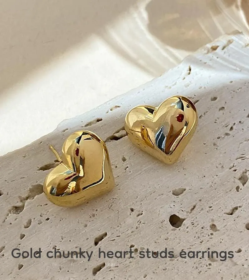 18K Gold Plated & Silver Chunky Heart & Bow Earrings for Women, Chunky Heart Dangle Hoops/Tiny Studs, Kawaii Dainty Hypoallergenic Jewelry for Multiple Piercings, Gift for Her
