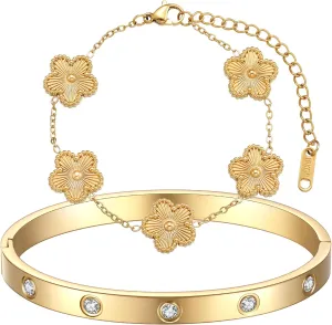 18K Gold Plated Clover Bracelet Love bangle Set for Women - Stack Friendship Bracelet Lucky Link Bracelets Jewelry Gifts Trendy for Women