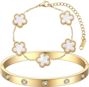 18K Gold Plated Clover Bracelet Love bangle Set for Women - Stack Friendship Bracelet Lucky Link Bracelets Jewelry Gifts Trendy for Women