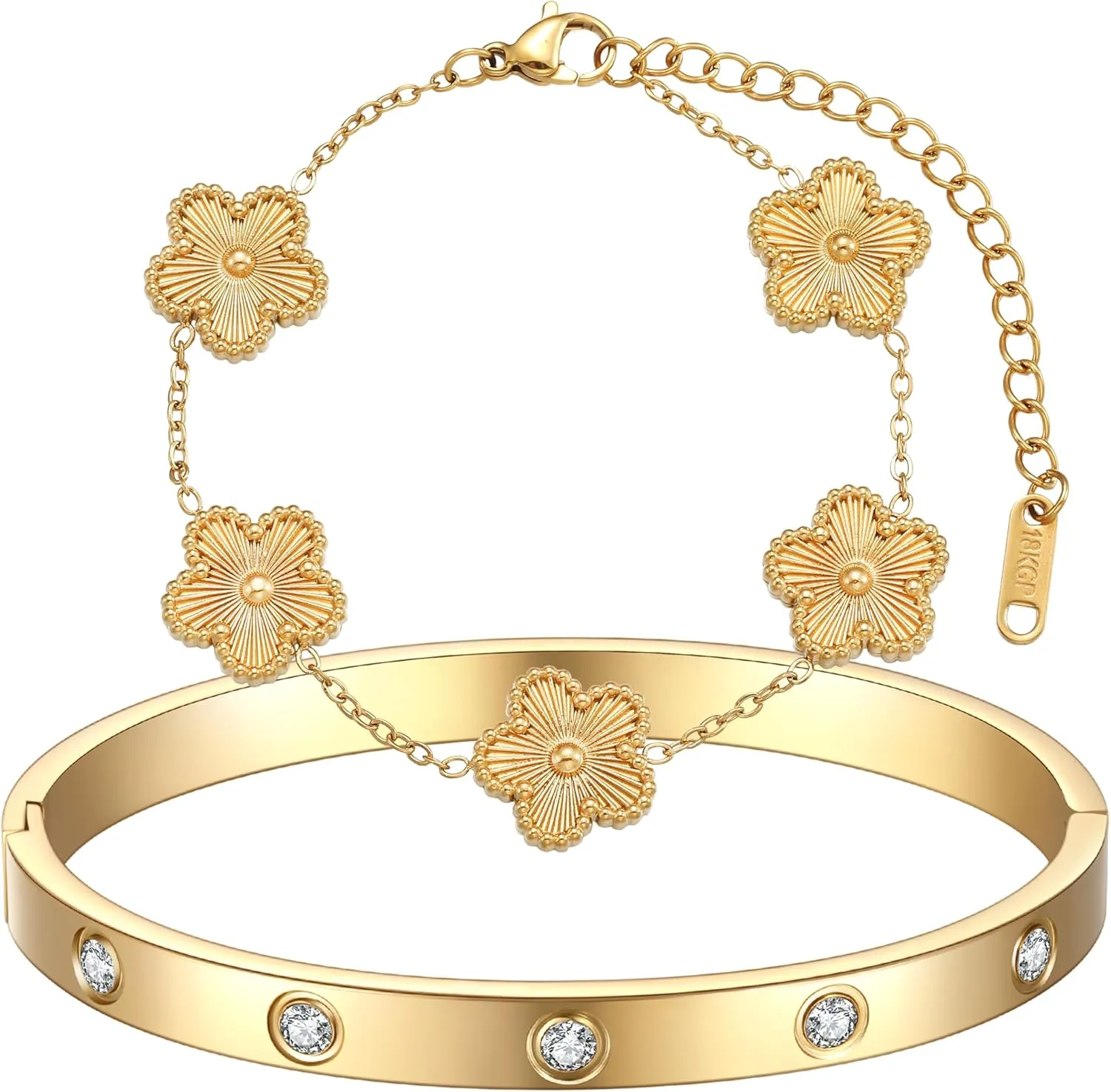 18K Gold Plated Clover Bracelet Love bangle Set for Women - Stack Friendship Bracelet Lucky Link Bracelets Jewelry Gifts Trendy for Women