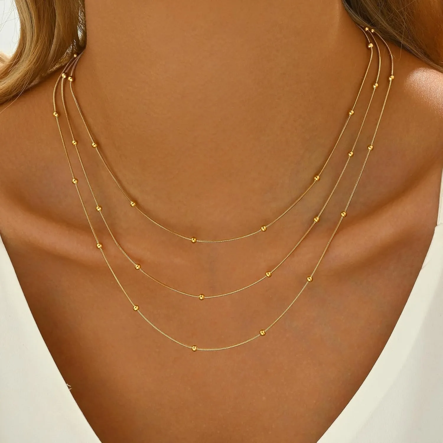 18K Gold Plated Layered Herringbone Necklaces for Women Dainty Layering Beaded Snake Chain Choker Moon Coin Pendant Necklace Trendy Stainless Steel Jewelry