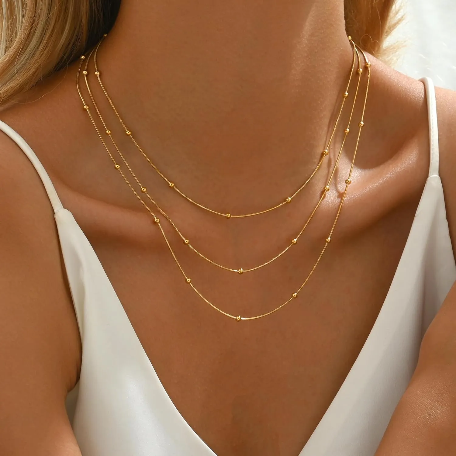 18K Gold Plated Layered Herringbone Necklaces for Women Dainty Layering Beaded Snake Chain Choker Moon Coin Pendant Necklace Trendy Stainless Steel Jewelry