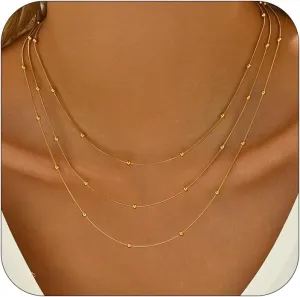 18K Gold Plated Layered Herringbone Necklaces for Women Dainty Layering Beaded Snake Chain Choker Moon Coin Pendant Necklace Trendy Stainless Steel Jewelry