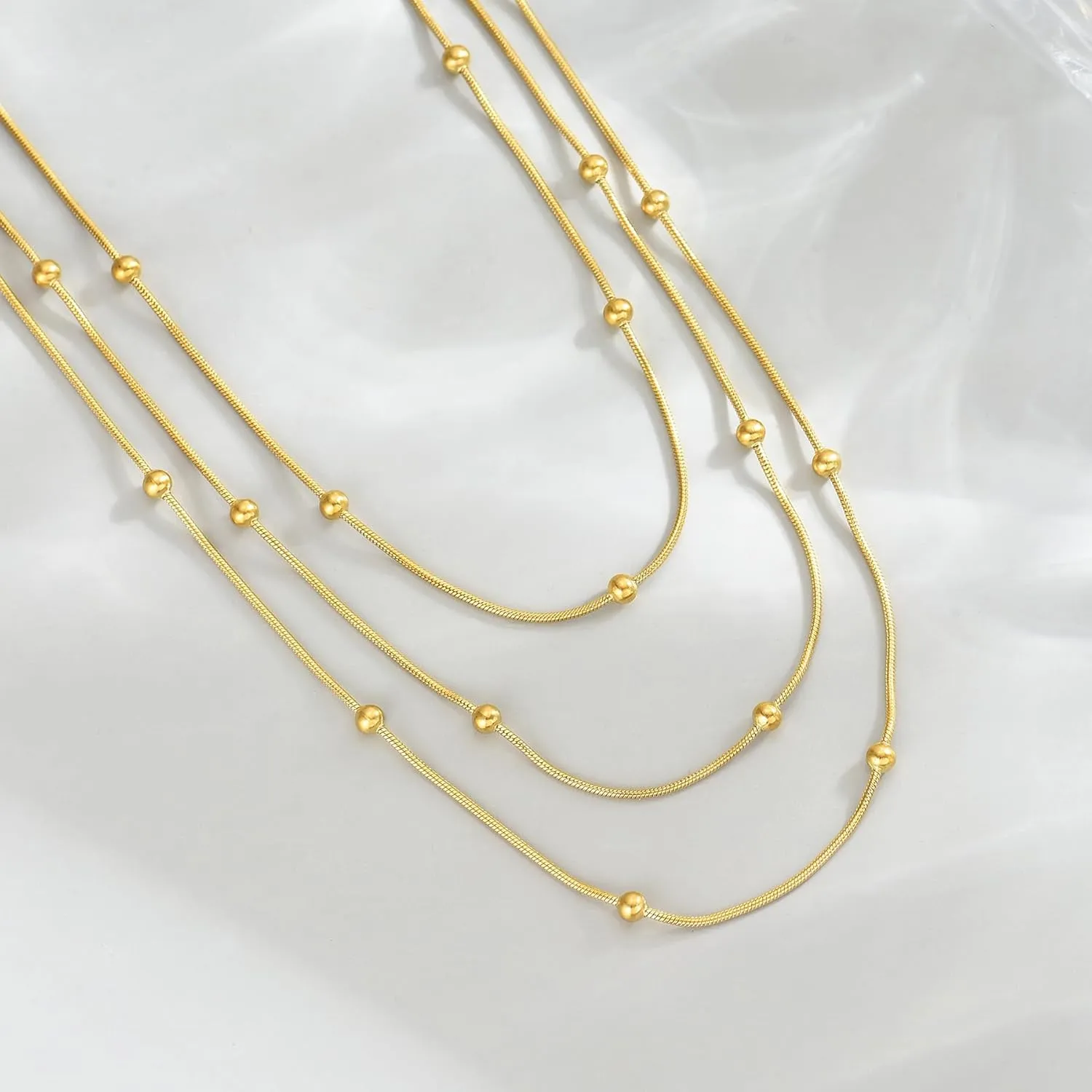 18K Gold Plated Layered Herringbone Necklaces for Women Dainty Layering Beaded Snake Chain Choker Moon Coin Pendant Necklace Trendy Stainless Steel Jewelry