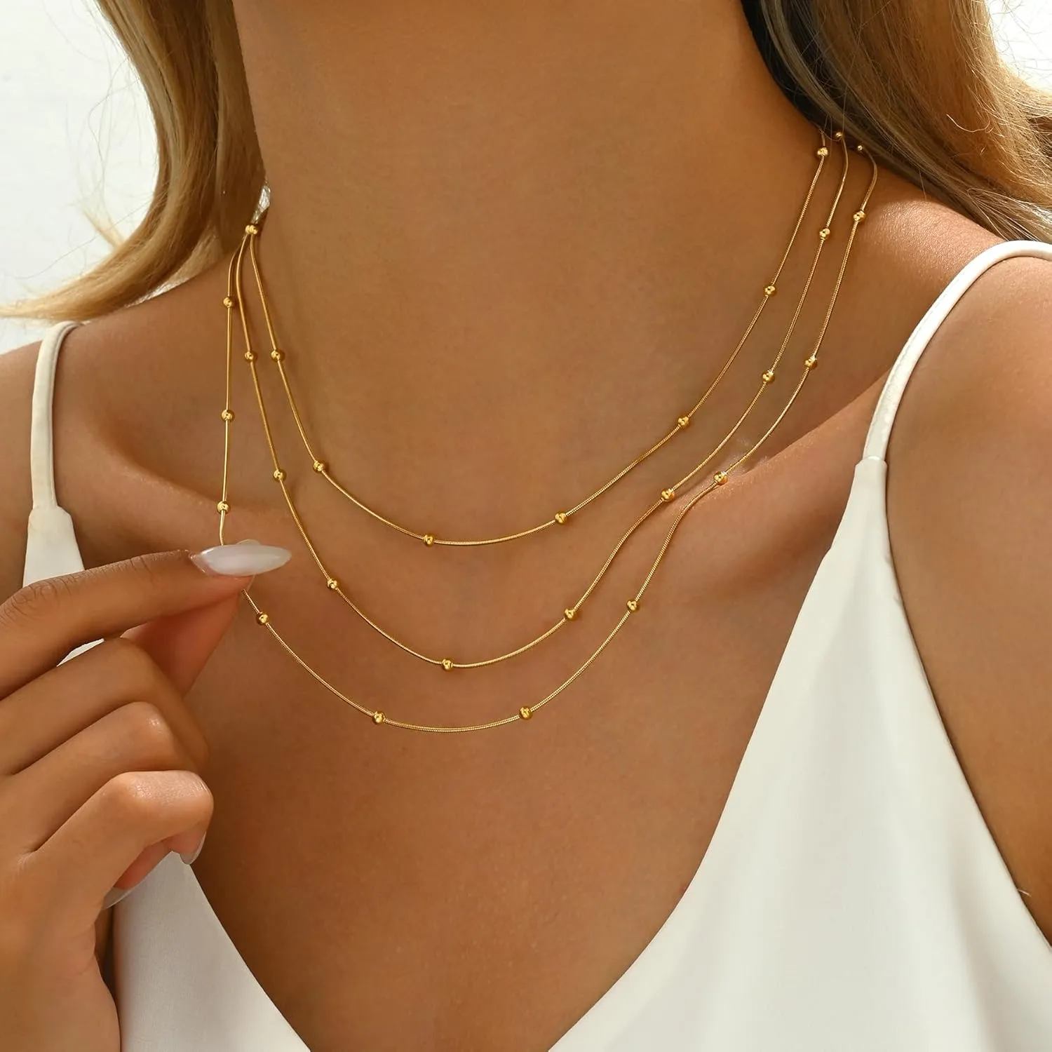 18K Gold Plated Layered Herringbone Necklaces for Women Dainty Layering Beaded Snake Chain Choker Moon Coin Pendant Necklace Trendy Stainless Steel Jewelry
