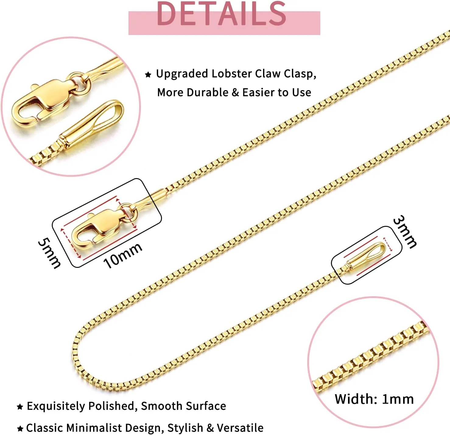 18K Plated Gold 925 Sterling Silver Box Chain for Women, 1MM Thin Chain Necklace for Women, Shiny & Minimalist Women's Chain Necklaces, 14/16/18/20/22/24/26 Inch