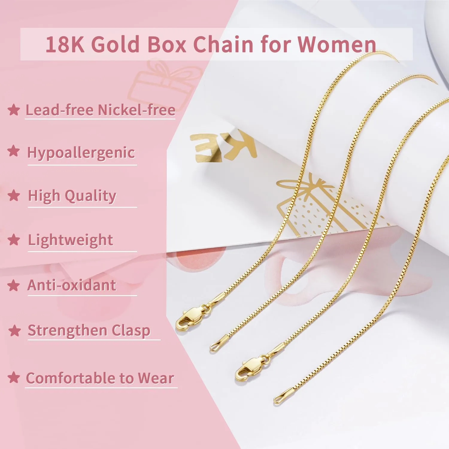 18K Plated Gold 925 Sterling Silver Box Chain for Women, 1MM Thin Chain Necklace for Women, Shiny & Minimalist Women's Chain Necklaces, 14/16/18/20/22/24/26 Inch