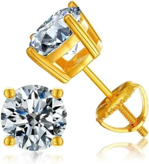 18K Yellow Gold 3 Carat Round Moissanite Screw Back Stud Earrings Plated By Paris Jewelry