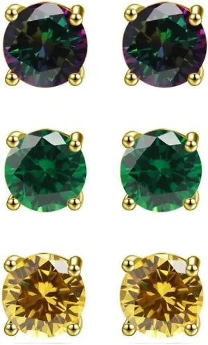 18k Yellow Gold Plated 3Ct Created Mystic Topaz, Emerald And Citrine 3 Pair Round Stud Earrings