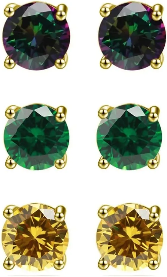 18k Yellow Gold Plated 3Ct Created Mystic Topaz, Emerald And Citrine 3 Pair Round Stud Earrings