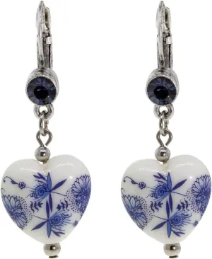 1928 Jewelry Blue Willow Blue Stone Heart Drop Earrings For Women, Vintage Romantic Chinese Ceramic And Porcelain Love Story Inspired Design, Made In USA