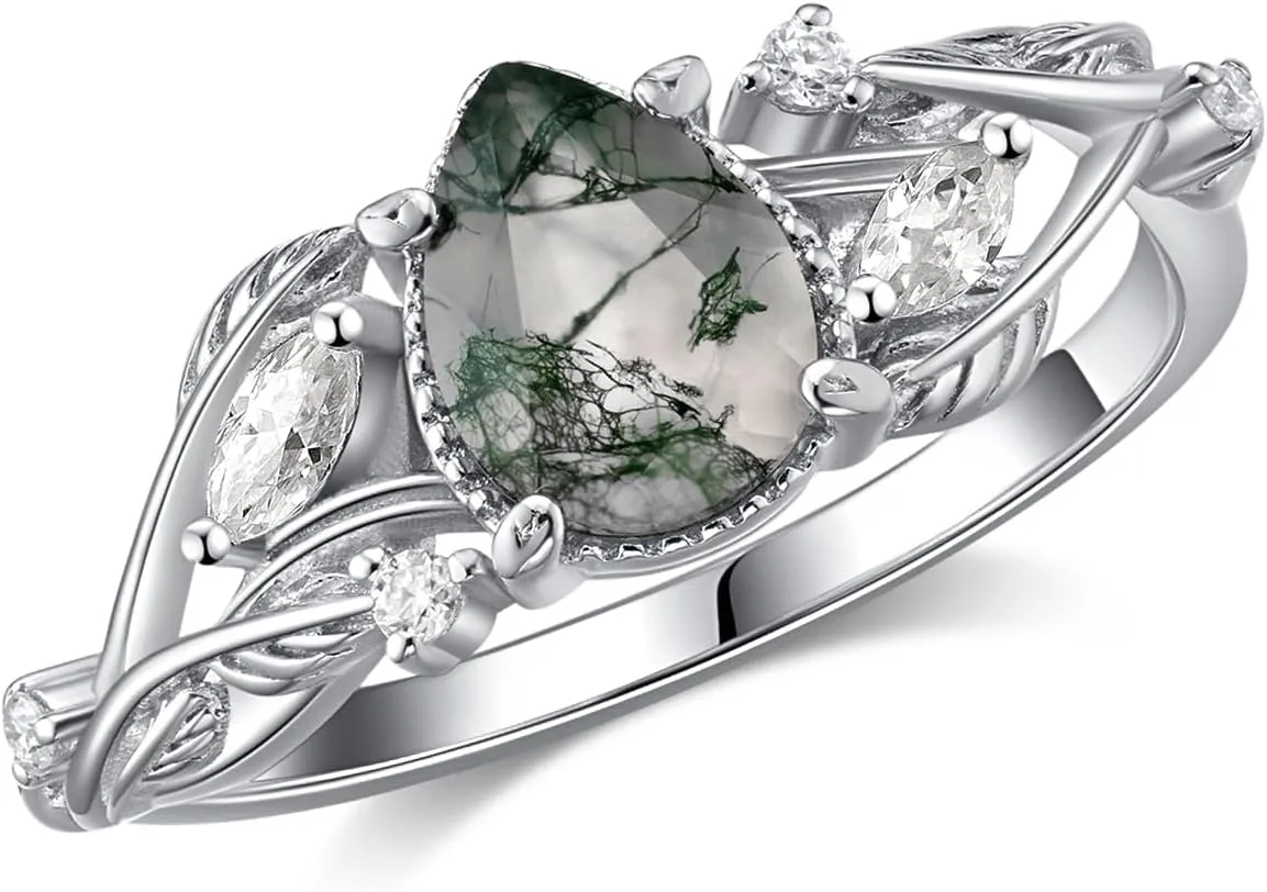 1CT Natural Moss Agate Ring 925 Sterling Silver Teardrop Green Engagement Rings for Women Twisted Leaf Promise Ring Wedding Jewelry Gift for Her