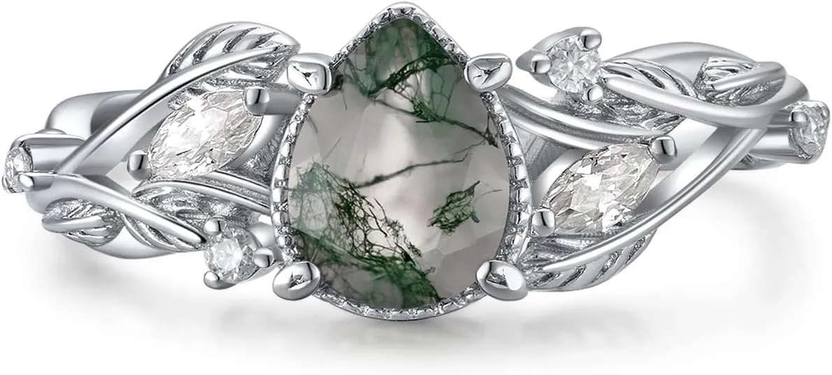 1CT Natural Moss Agate Ring 925 Sterling Silver Teardrop Green Engagement Rings for Women Twisted Leaf Promise Ring Wedding Jewelry Gift for Her