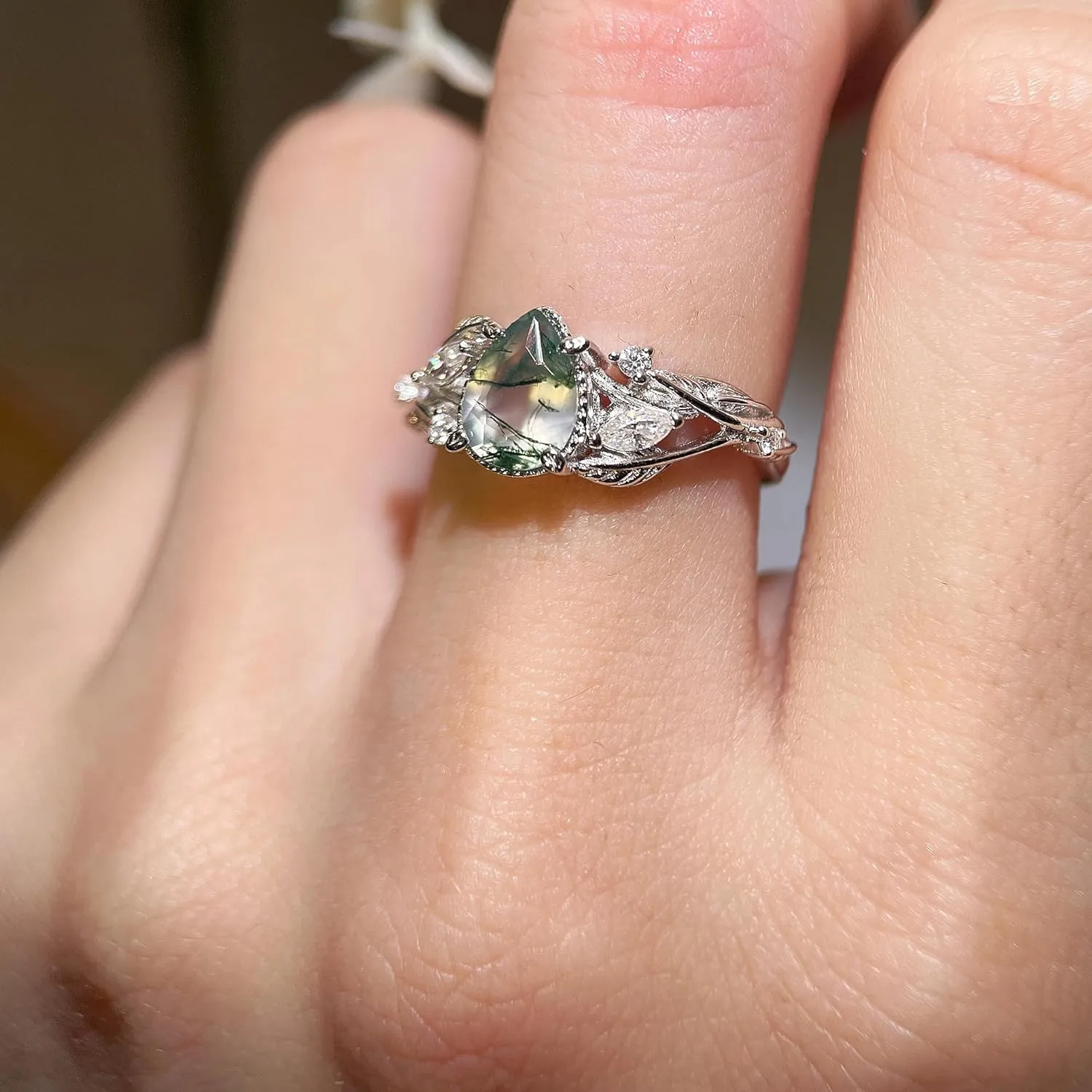 1CT Natural Moss Agate Ring 925 Sterling Silver Teardrop Green Engagement Rings for Women Twisted Leaf Promise Ring Wedding Jewelry Gift for Her