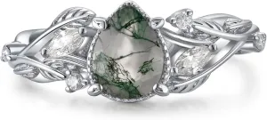 1CT Natural Moss Agate Ring 925 Sterling Silver Teardrop Green Engagement Rings for Women Twisted Leaf Promise Ring Wedding Jewelry Gift for Her